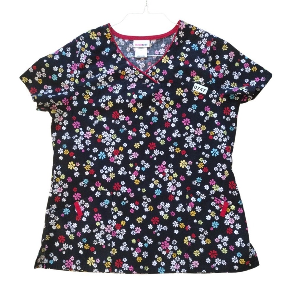 Scrubstar Scrub Women M Black Multicolor Floral‎ V Neck Pockets Short Sleeves